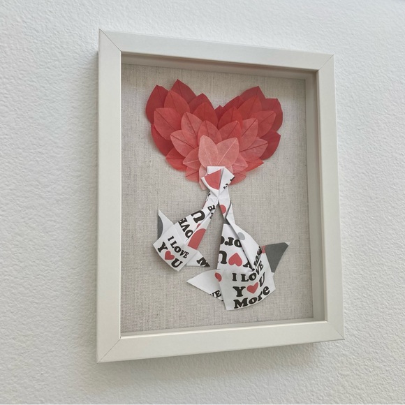 NEW Handmade Origami Koi Fish Love Ombré Heart Wooden Linen Shadow Box 9x11 inch - Picture 8 of 8